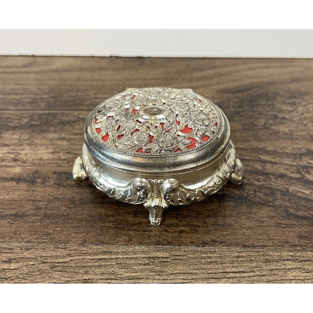 Vintage Gold Tone Ornate Flowers Roses Oval Lined Footed 3" Jewelry Trinket Box